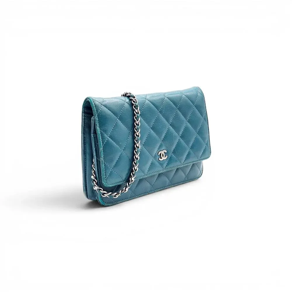 Chanel Wallet on Chain WOC Classic Quilted Lambskin Leather Turquoise Blue